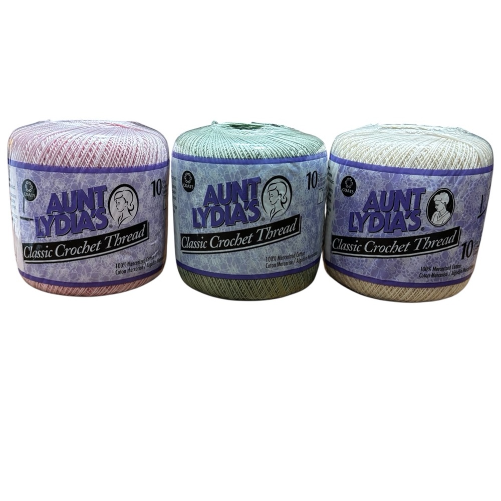 Unopened Lot of 3 Aunt Lydia's Classic Crochet Thread (Size 10). Three colors.